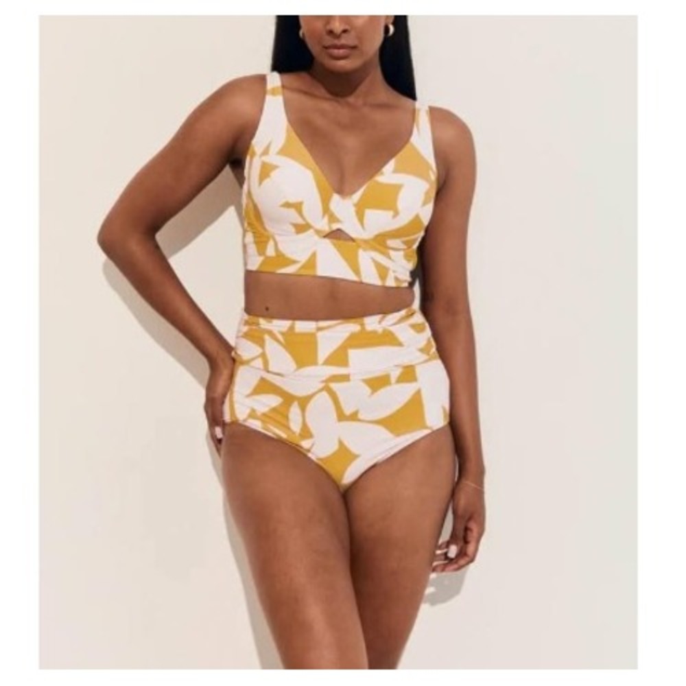 Alulu Women's Gold White Print High Waist Ruched Swim Bikini Bottom Size 8 NWOT